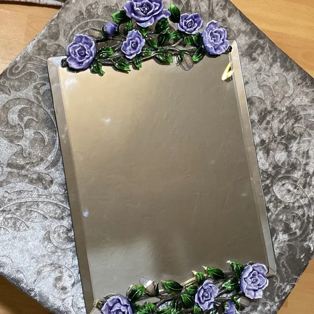 Beautiful Vintage Mirrored Tray with Purple Floral Ends